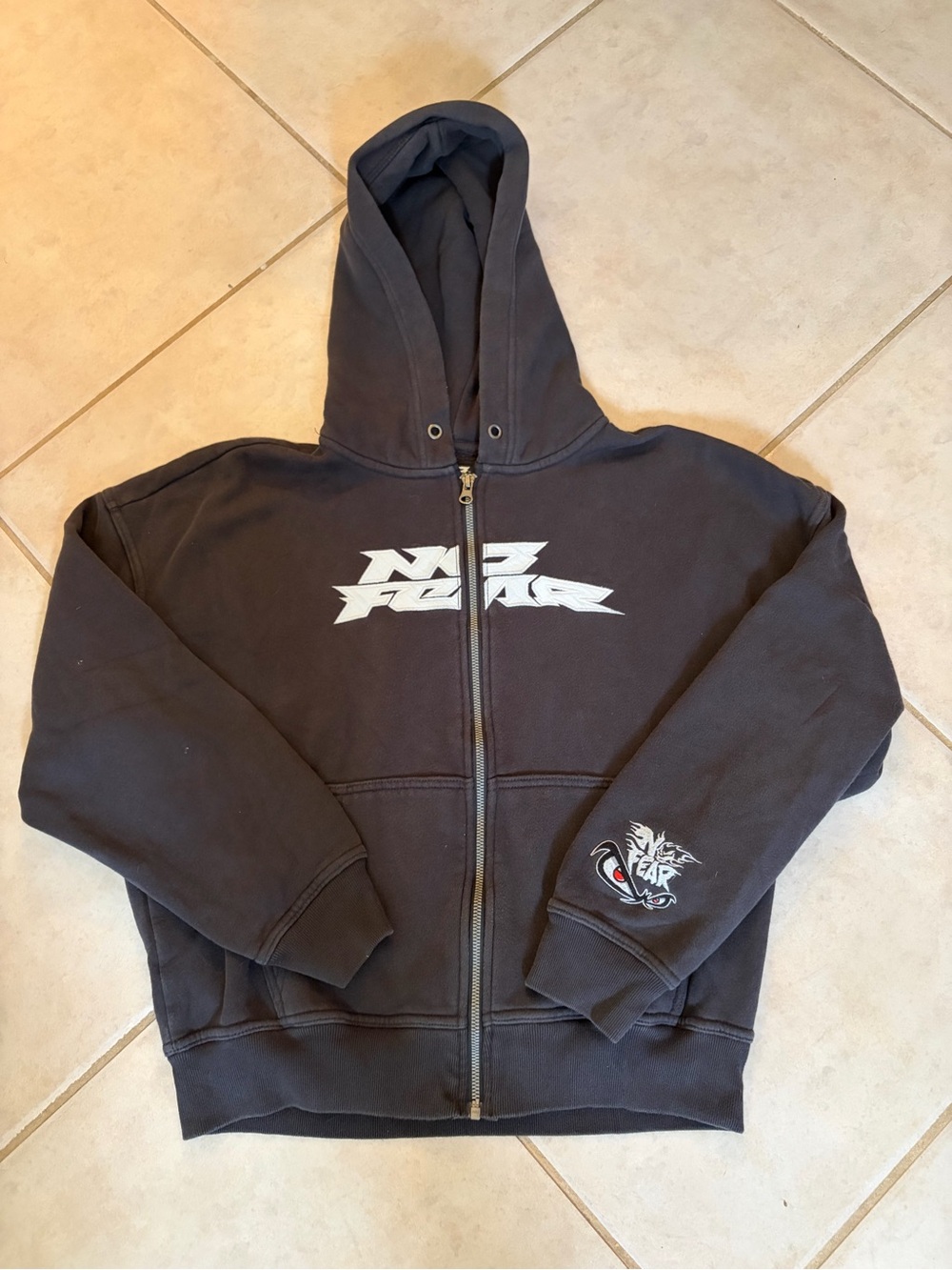 No Fear Black Full‑Zip Graphic Hoodie with Sleeve Logo